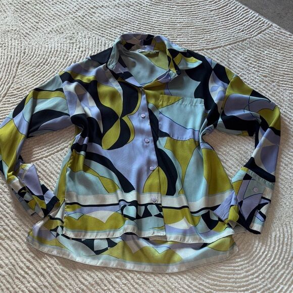 Zara Tops - Zara Abstract Print Button Down Shirt - Blue, Green, Black